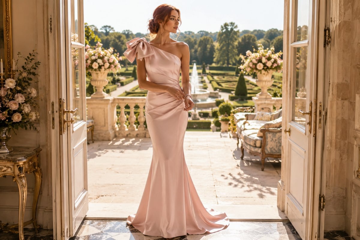 Blush one shoulder satin mermaid gown