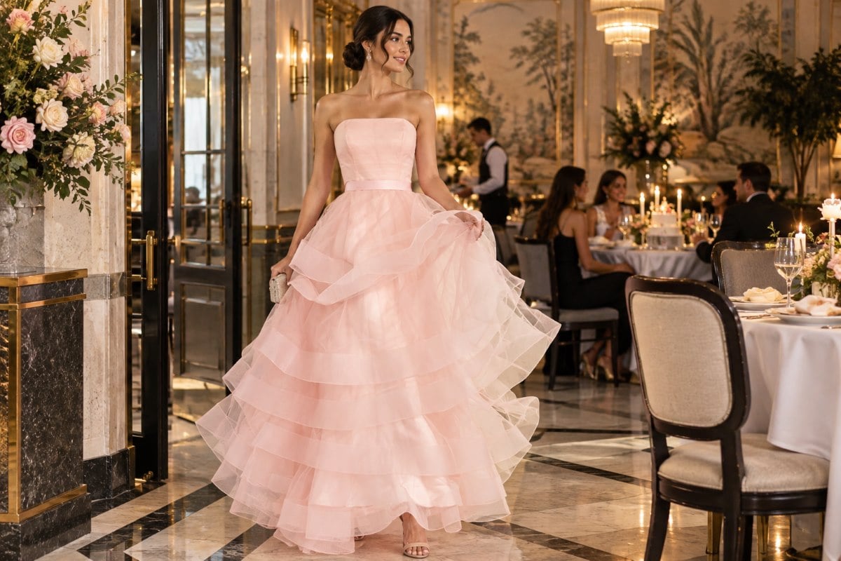 Blush pink birthday dinner editorial gown