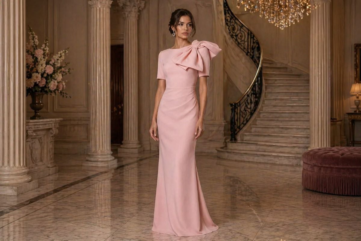 Blush pink fitted gown with shoulder bow full body