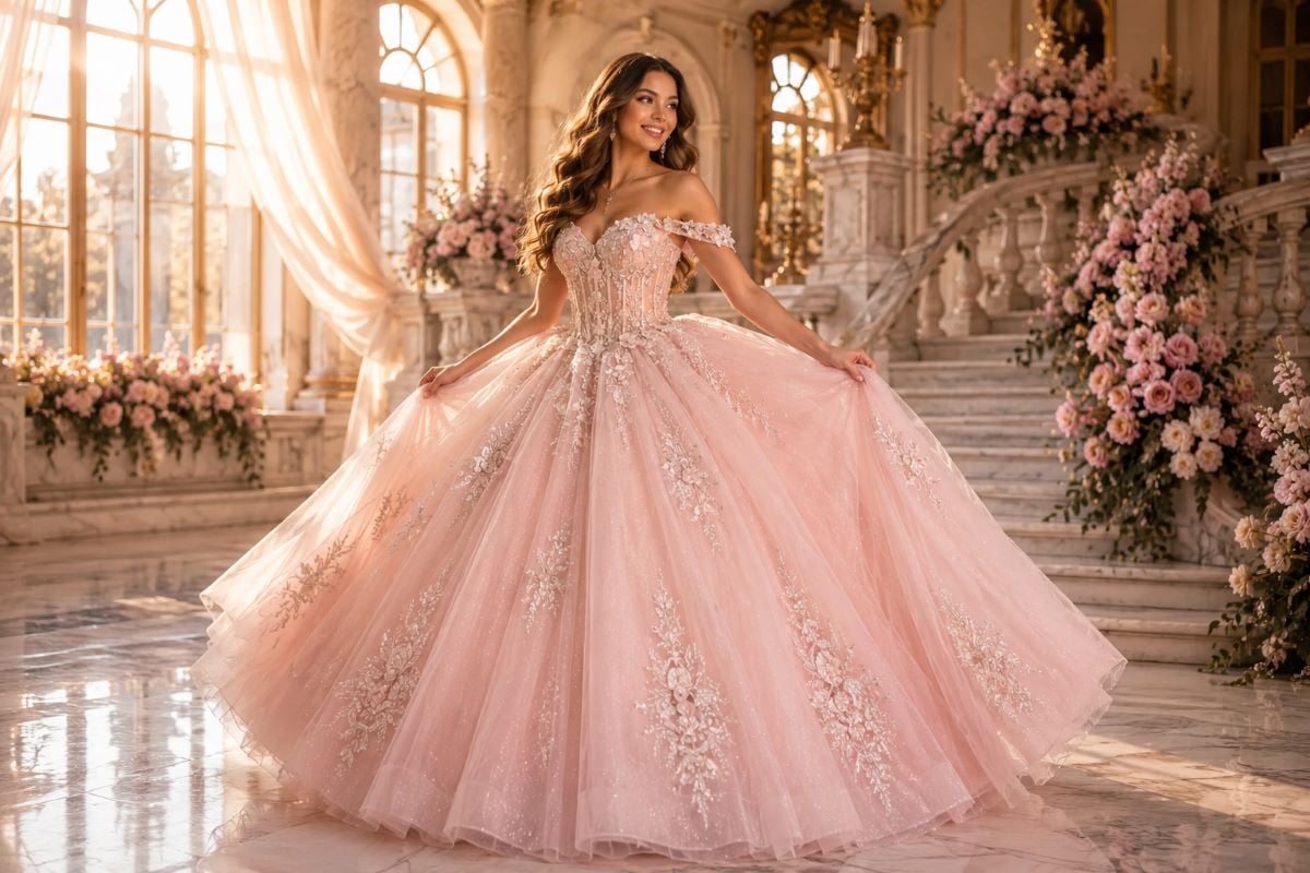 Blush pink quinceañera gown inside elegant hacienda ballroom