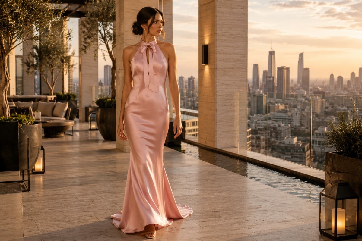 Blush pink cowl halter editorial gown