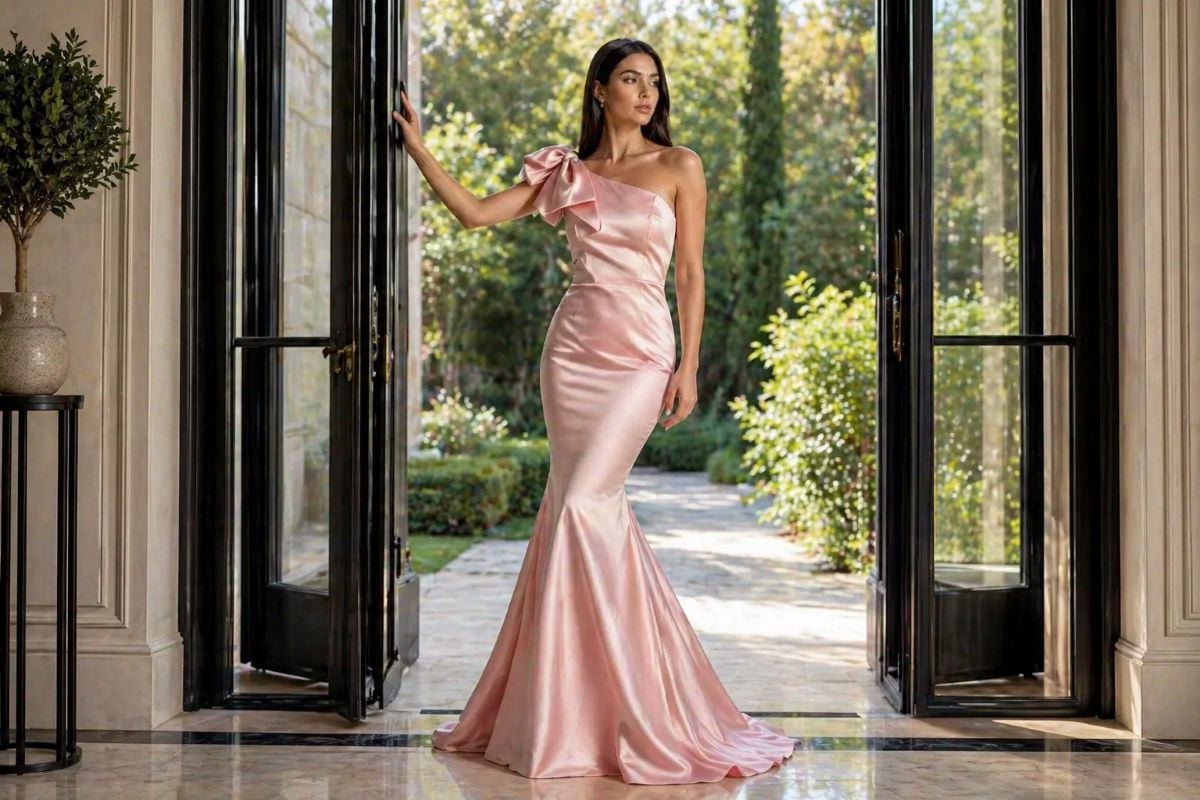 blush pink one-shoulder mermaid evening gown with bow detail
