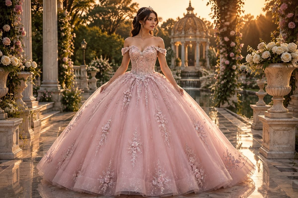 Blush pink quinceañera gown in royal garden