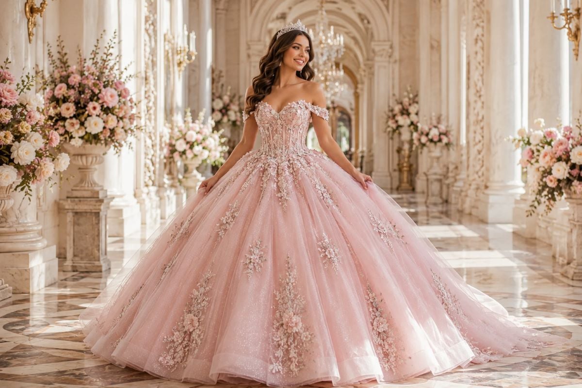 Blush pink Quinceañera ball gown with floral embroidery in palace interior