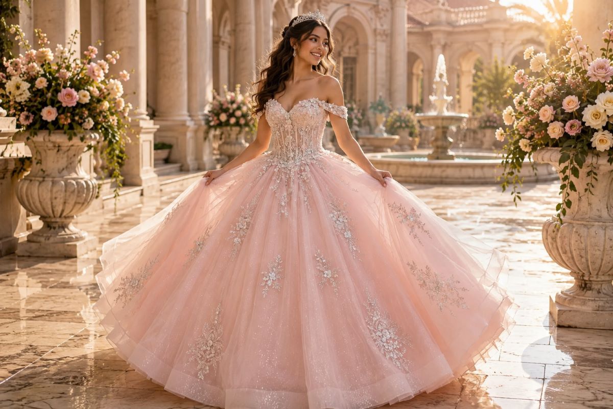 Blush pink quinceañera gown with elegant tiara