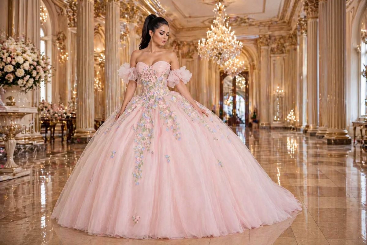 Blush pink floral quinceanera ball gown wedding look