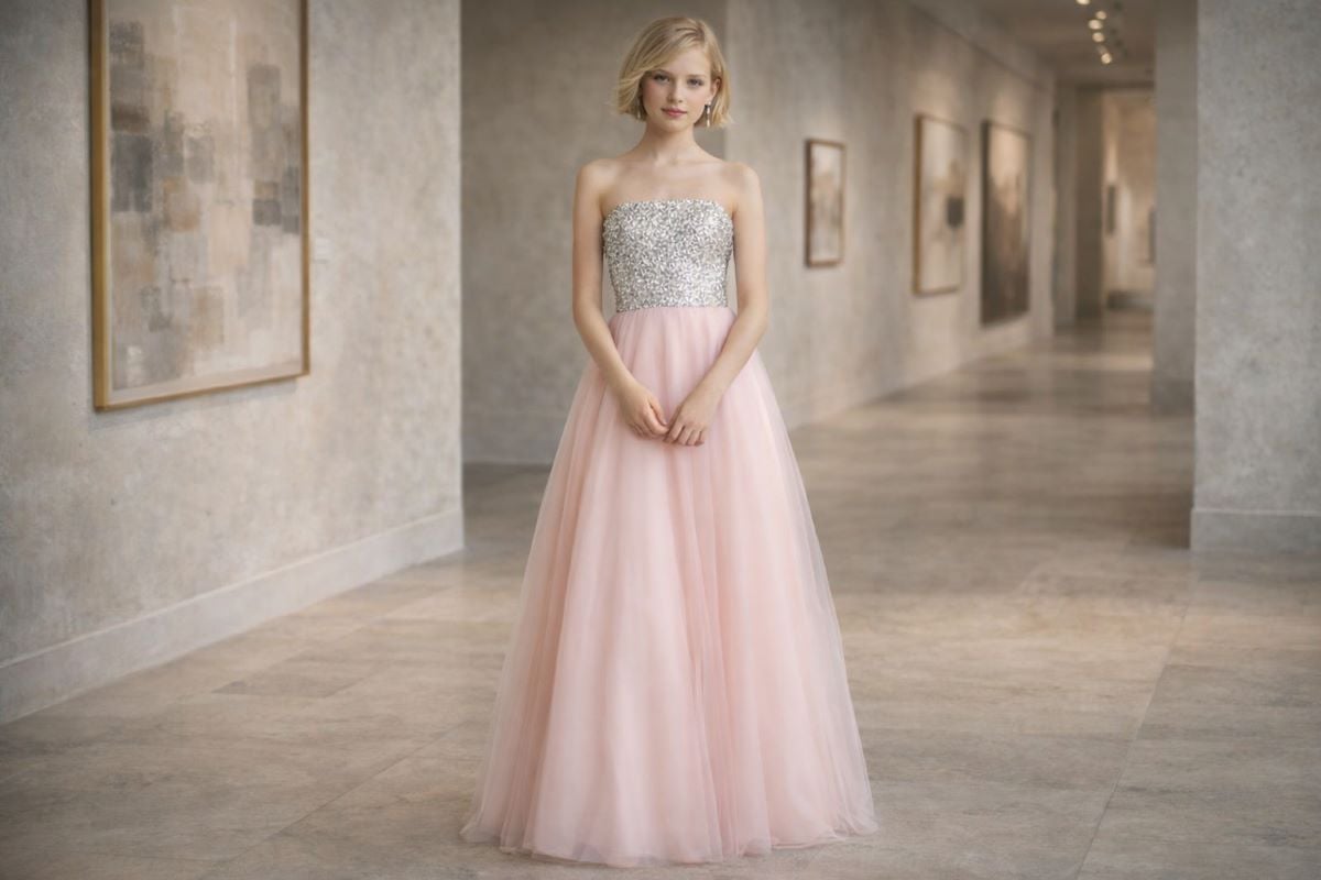 Blush pink A-line formal dress with sequin bodice