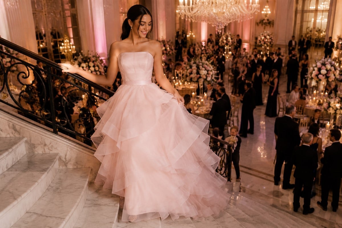 Blush pink tiered ball gown at bat mitzvah