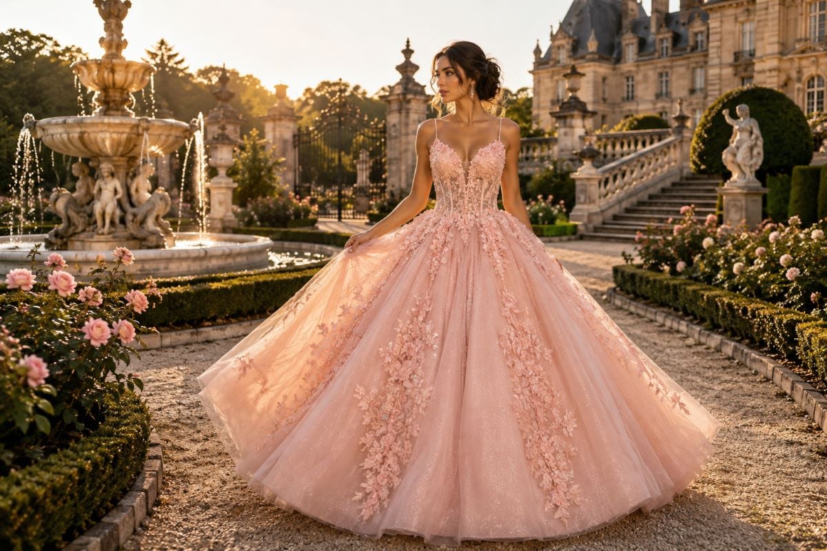 Blush pink V-neck quinceañera gown editorial