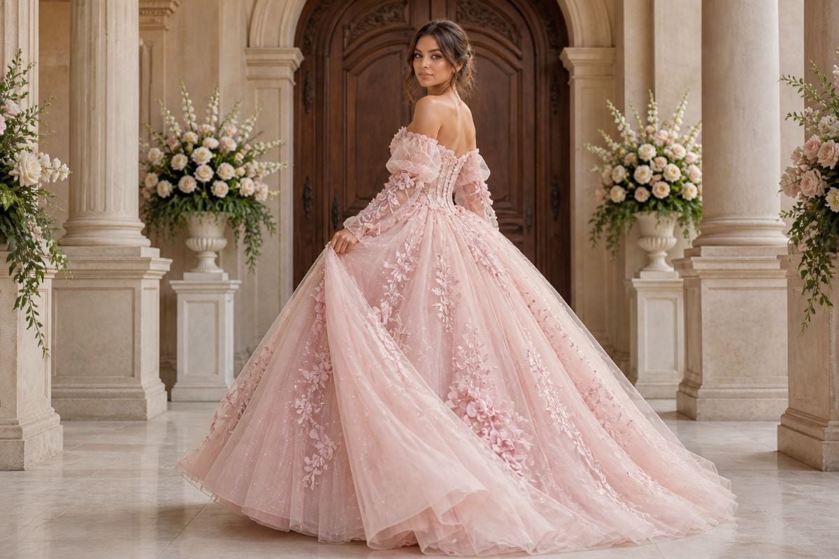 Blush pink quinceañera ball gown with floral appliqué in classical interior setting