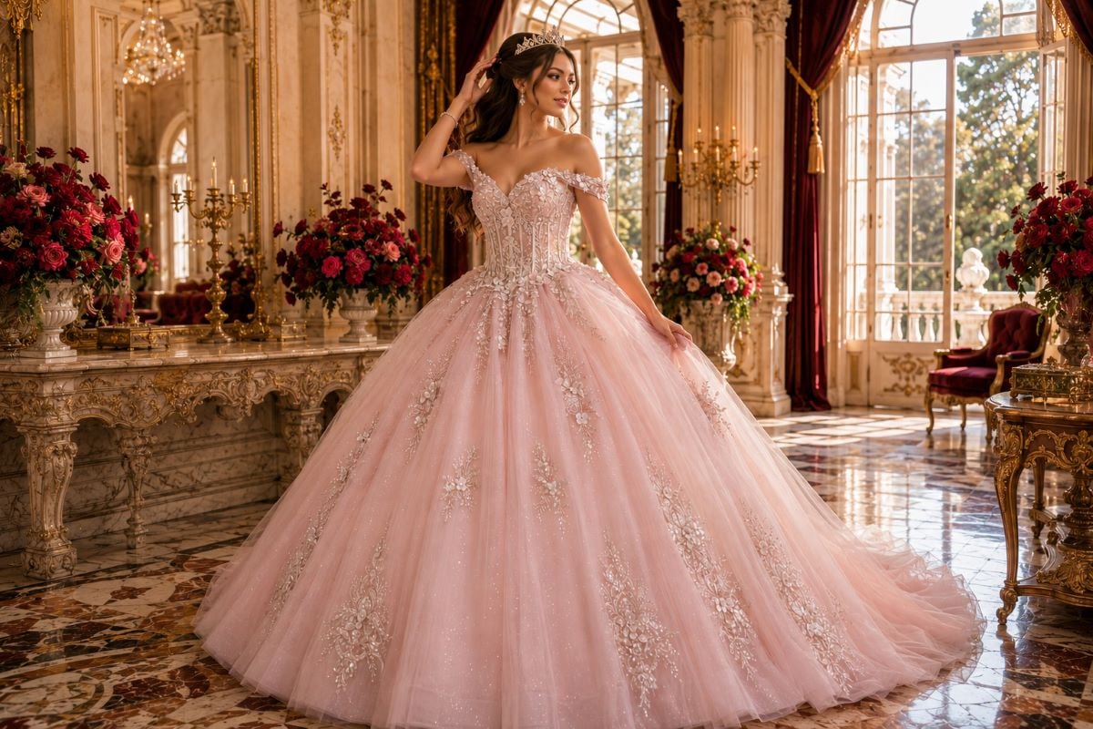 Blush quinceañera gown crown accessories editorial