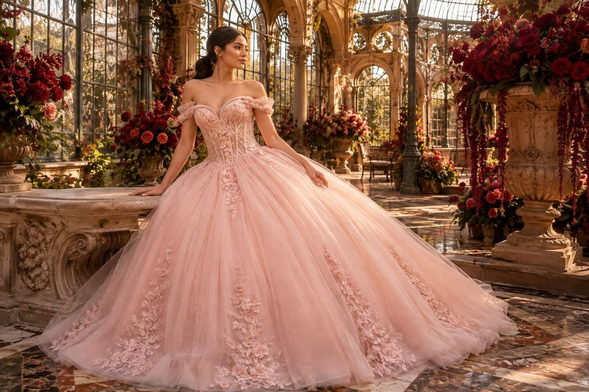 Blush quinceañera gown red shade editorial