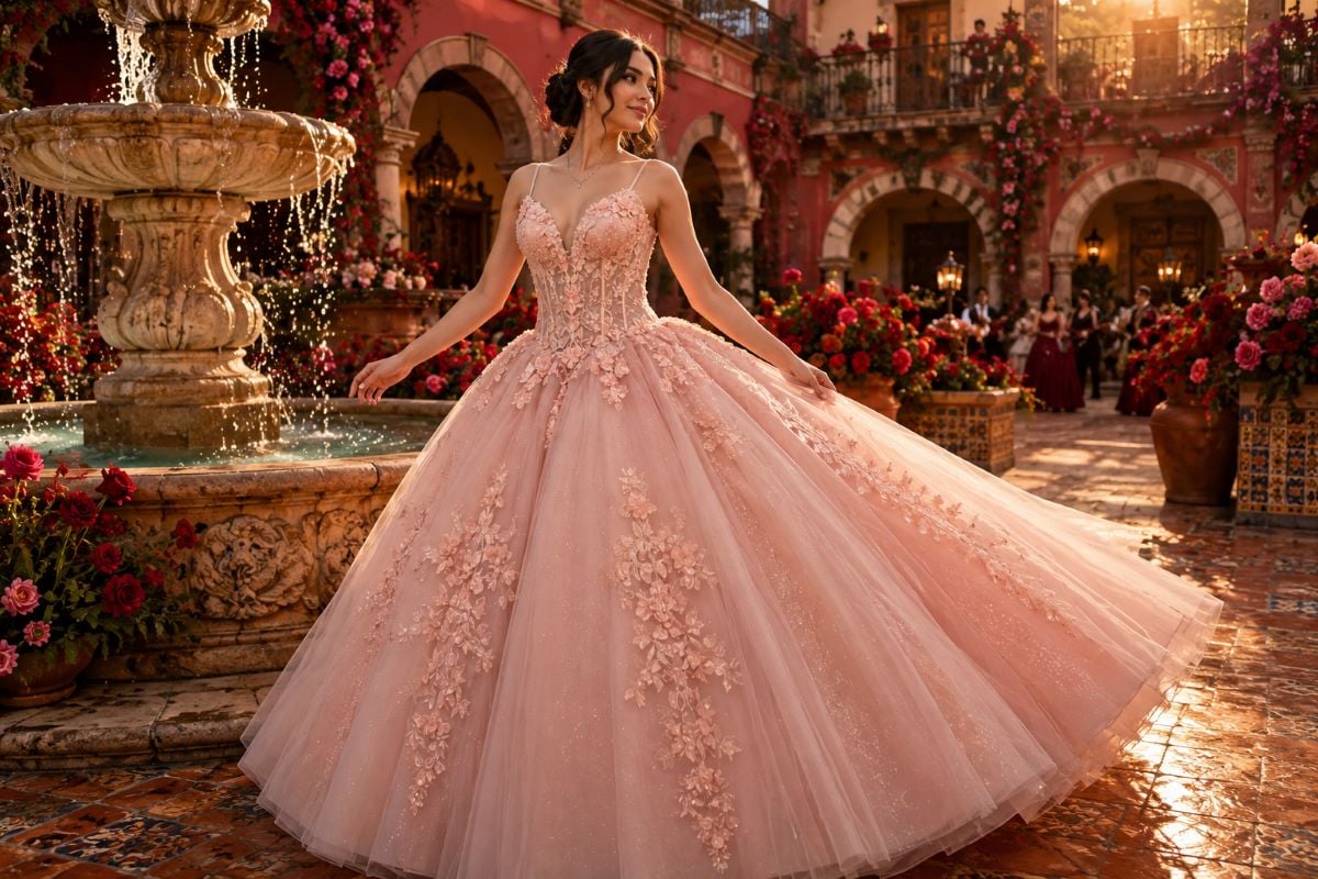 Blush quinceañera gown warm red editorial