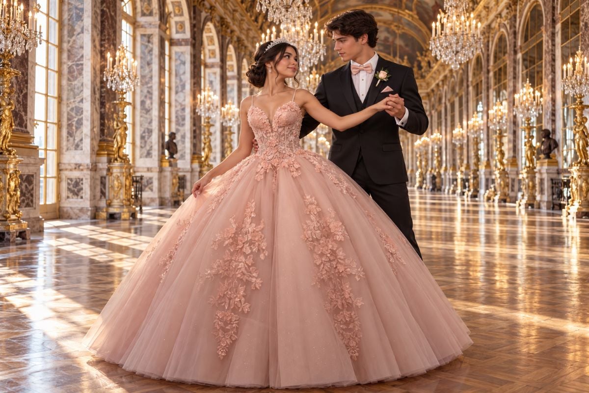 Blush quinceañera waltz rehearsal in ballroom