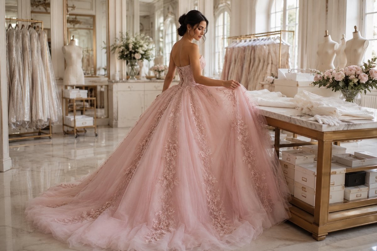 Blush pink quinceañera gown professional preservation process