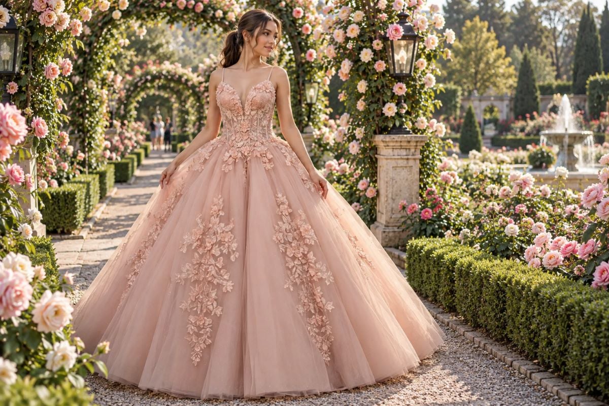 Blush quinceanera gown in rose garden