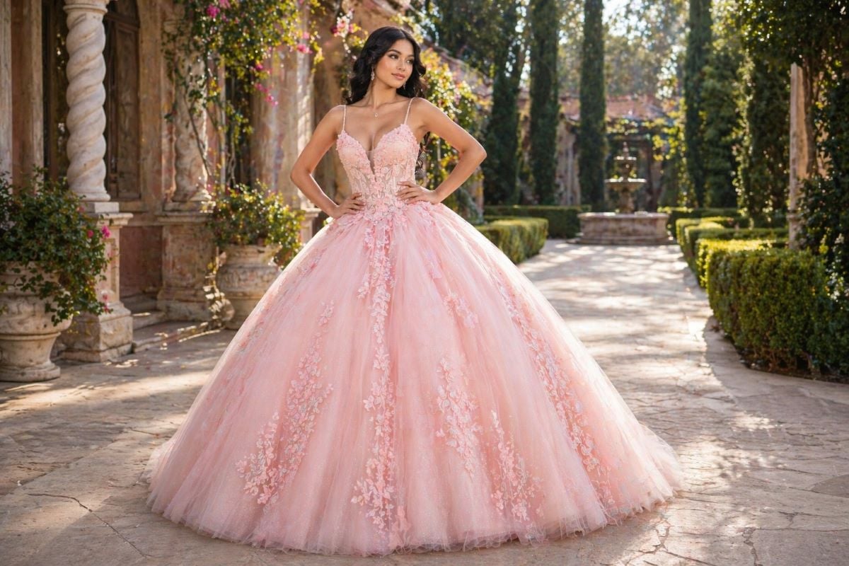 Blush pink quinceañera gown with layered tulle skirt and floral appliqué