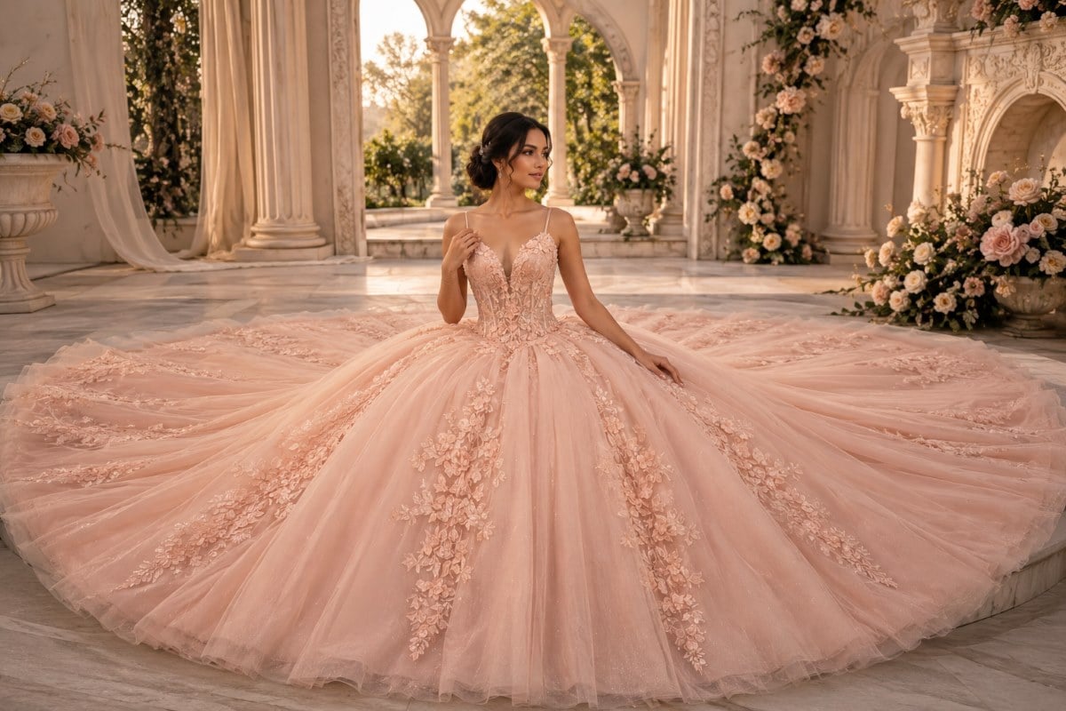 Blush quinceanera ball gown seated portrait