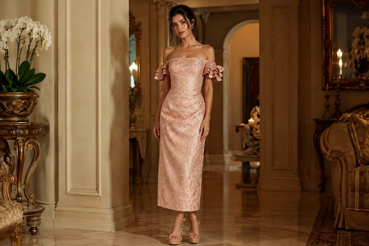 Ankle-length off-shoulder rose gold dress in editorial interior