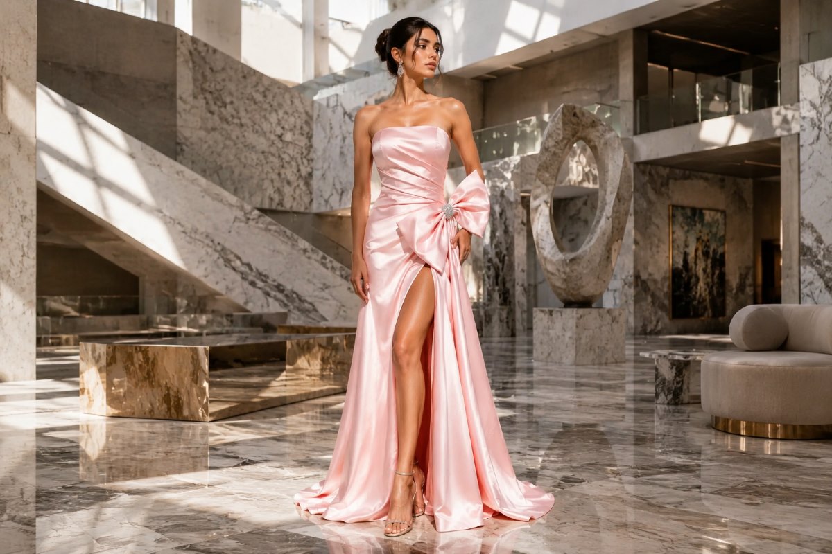 Blush satin bow gown editorial fashion look