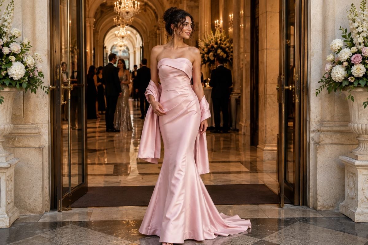 Blush satin strapless mermaid evening gown