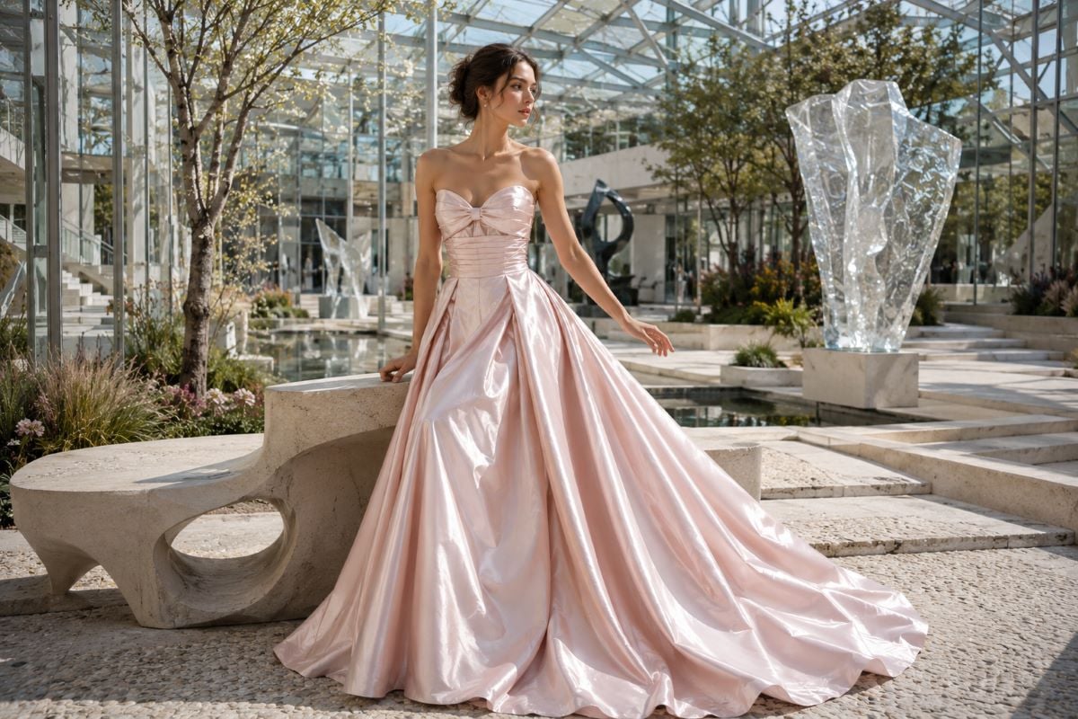 Blush satin sweetheart gown editorial fashion