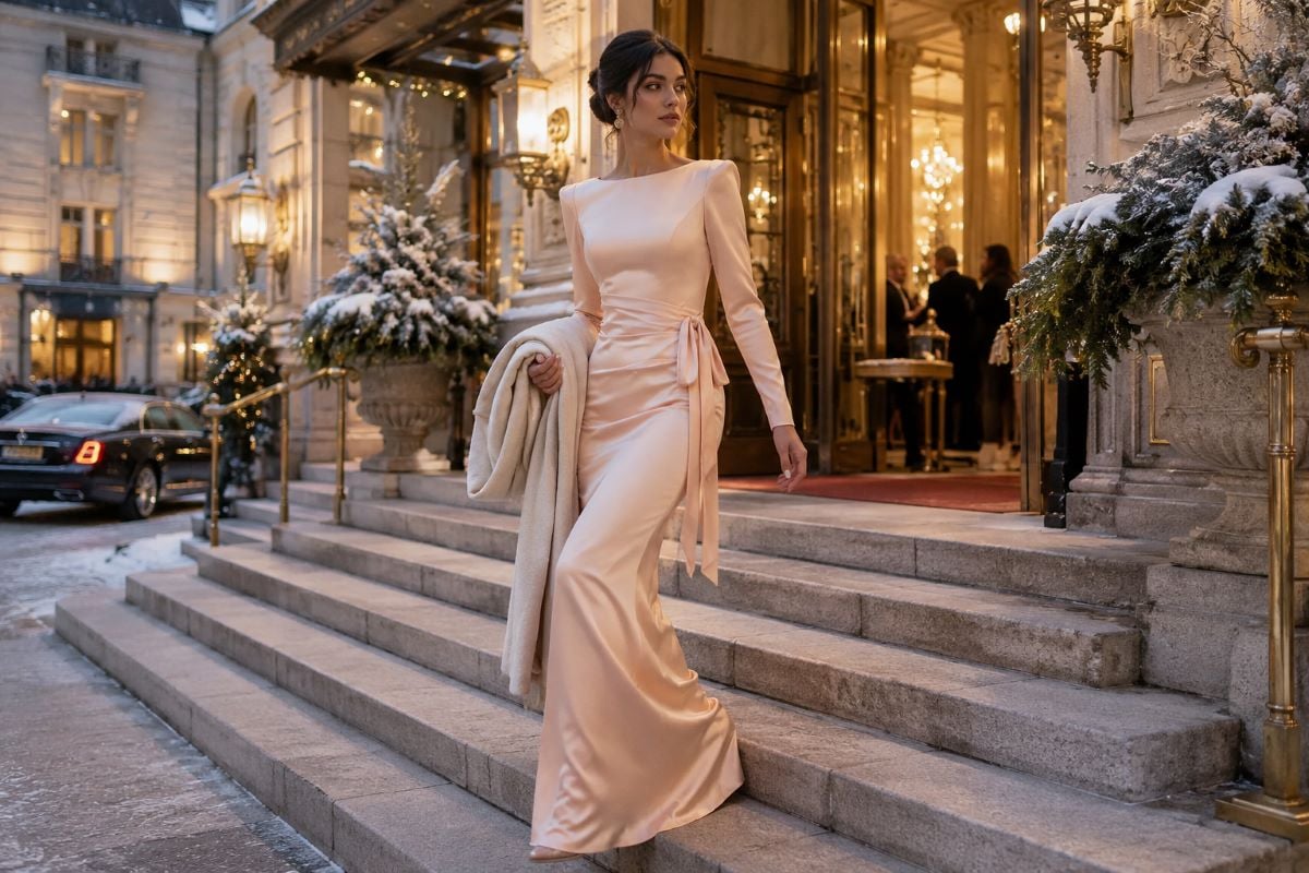 Blush satin winter wedding guest gown