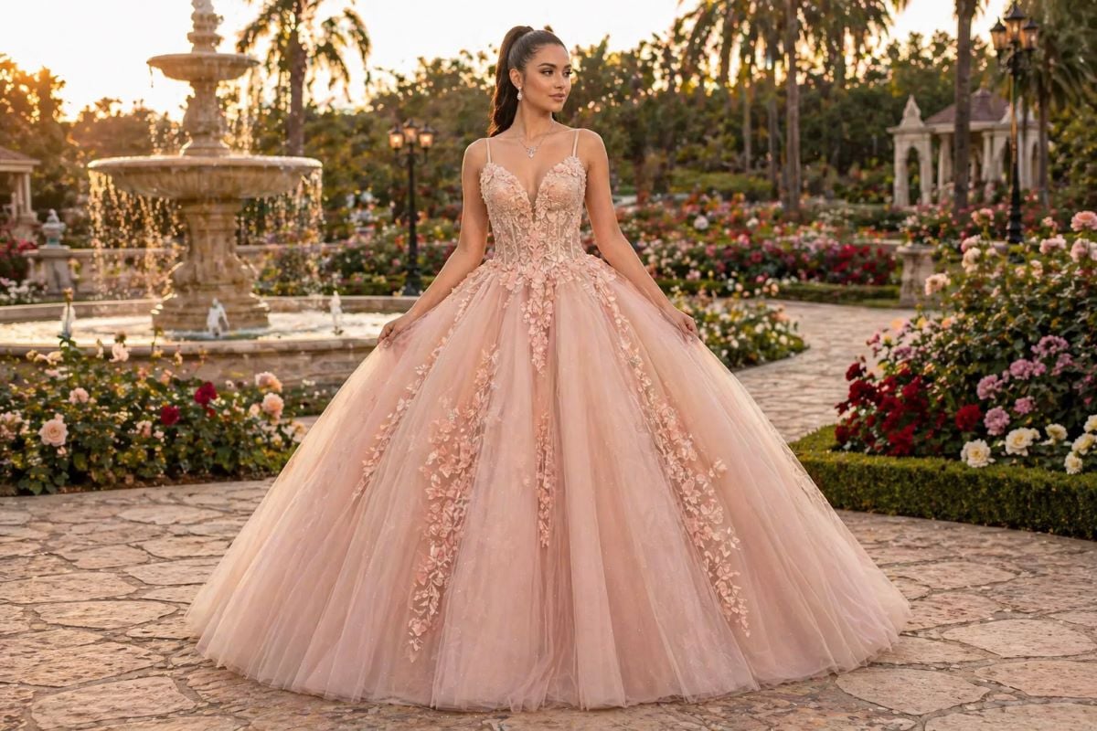 Blush tulle quinceanera gown soft fabric bridal