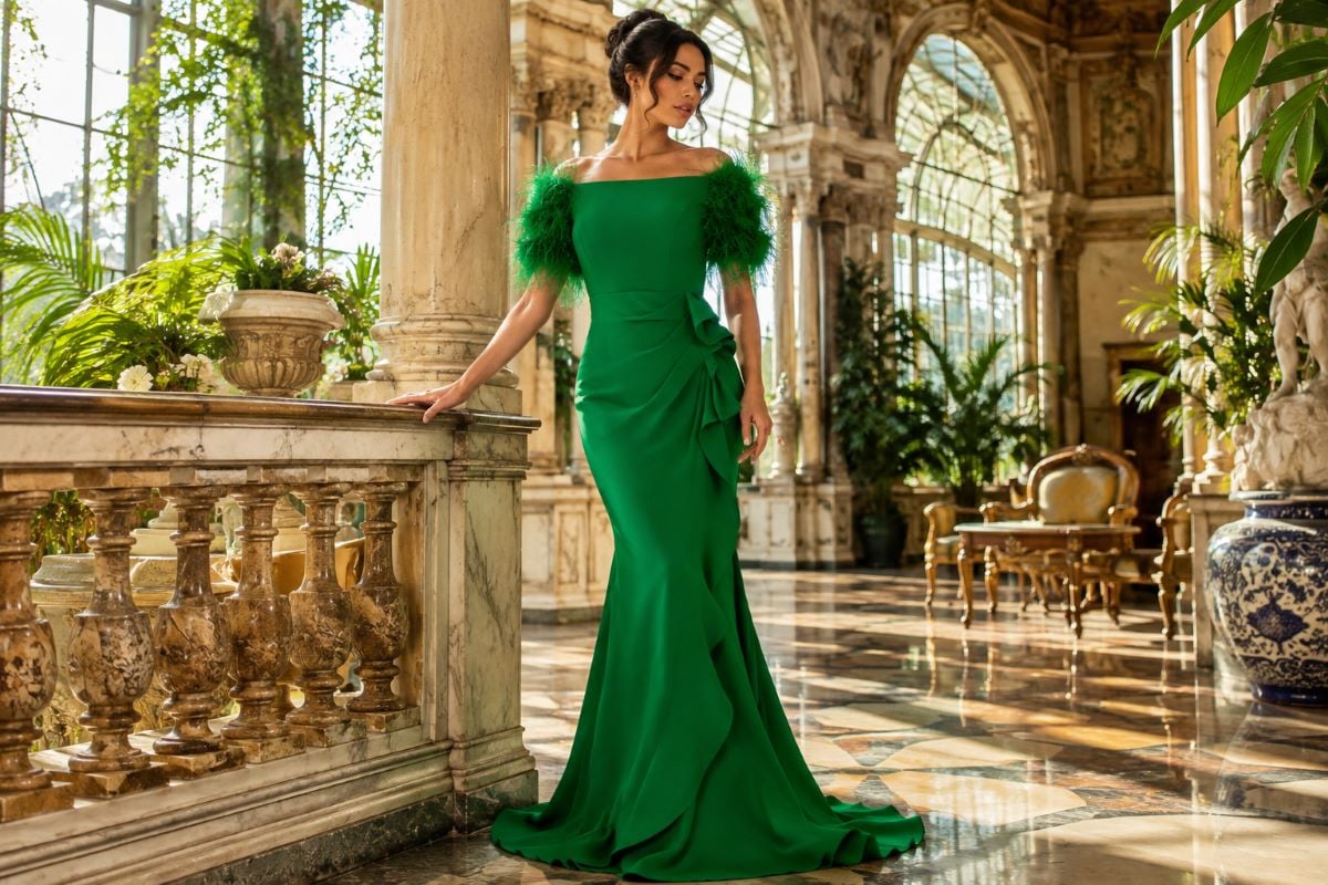 Elegant boat neck emerald evening gown