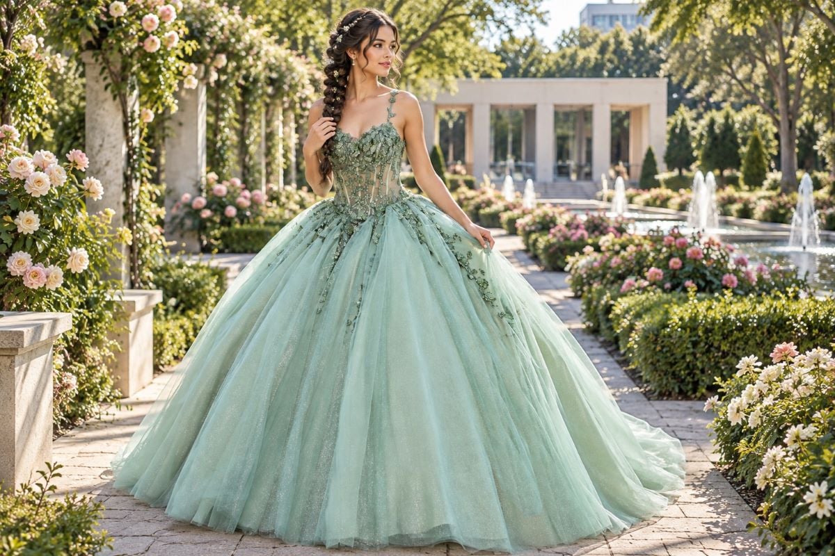Braided quinceanera hairstyle with mint ball gown