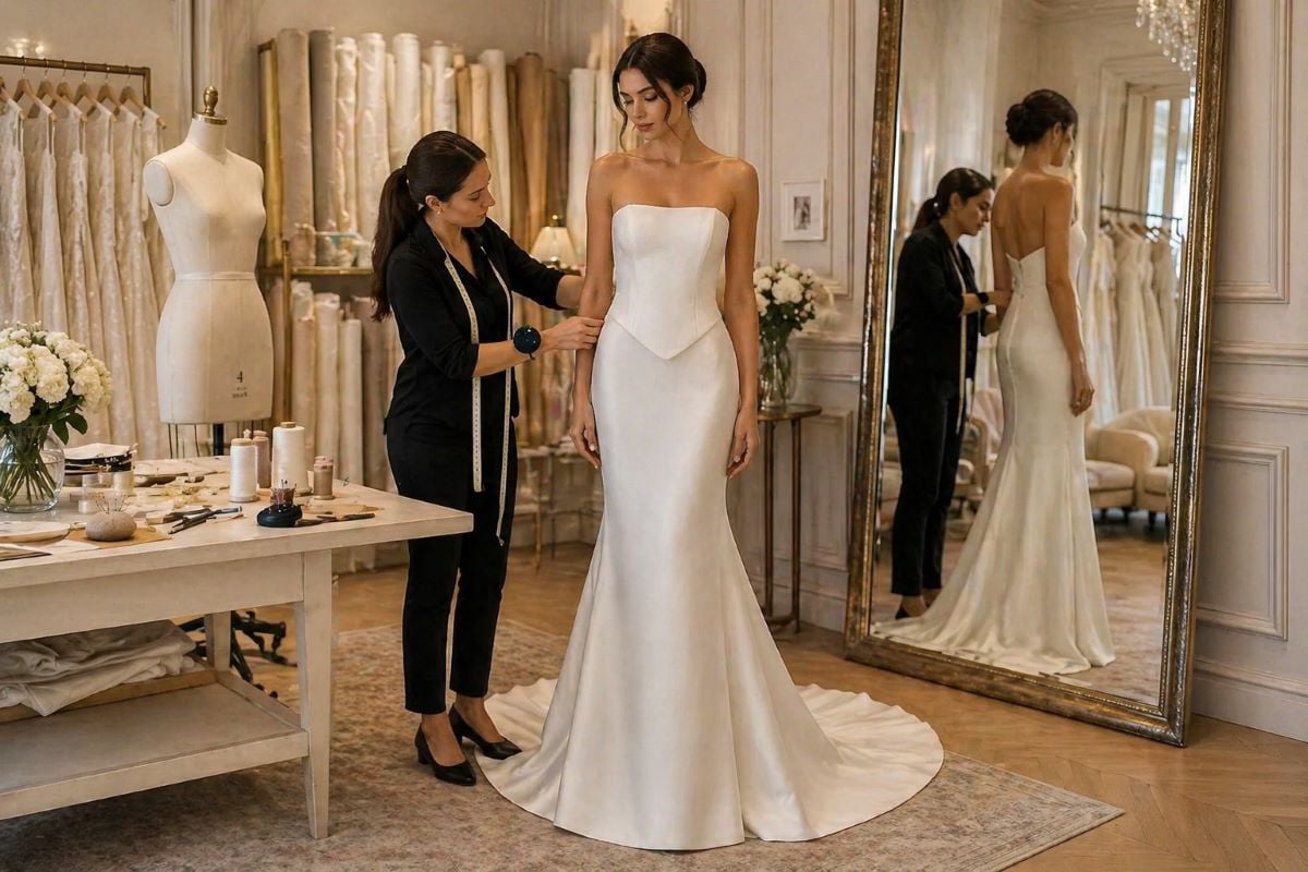 Bride in strapless ivory mermaid wedding dress during fitting with seamstress