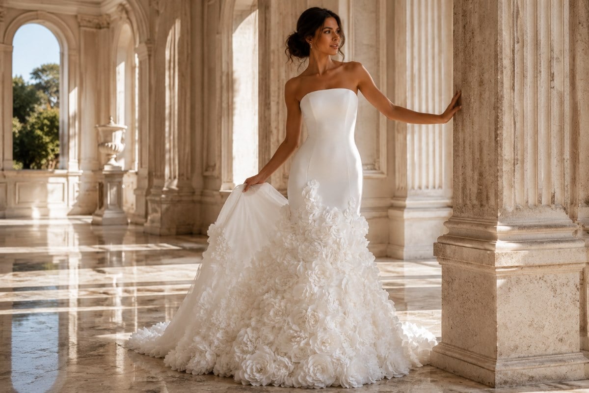 Elegant floral hem bridal editorial gown
