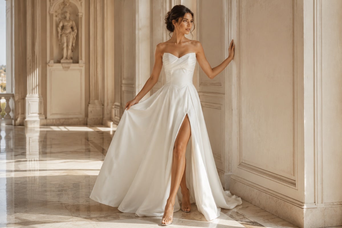 Elegant slit bridal editorial walking pose
