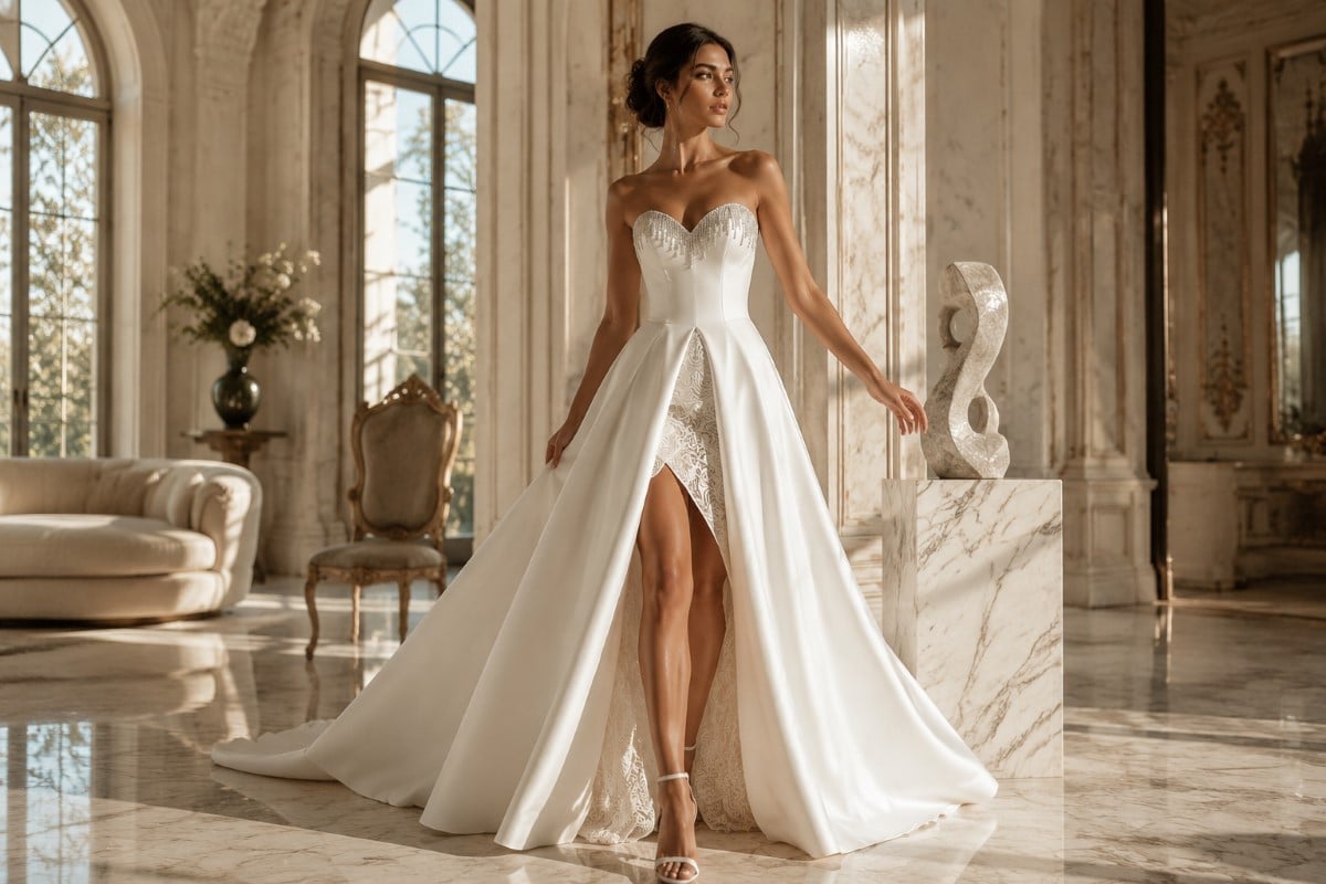 Elegant bridal slit gown editorial movement shot