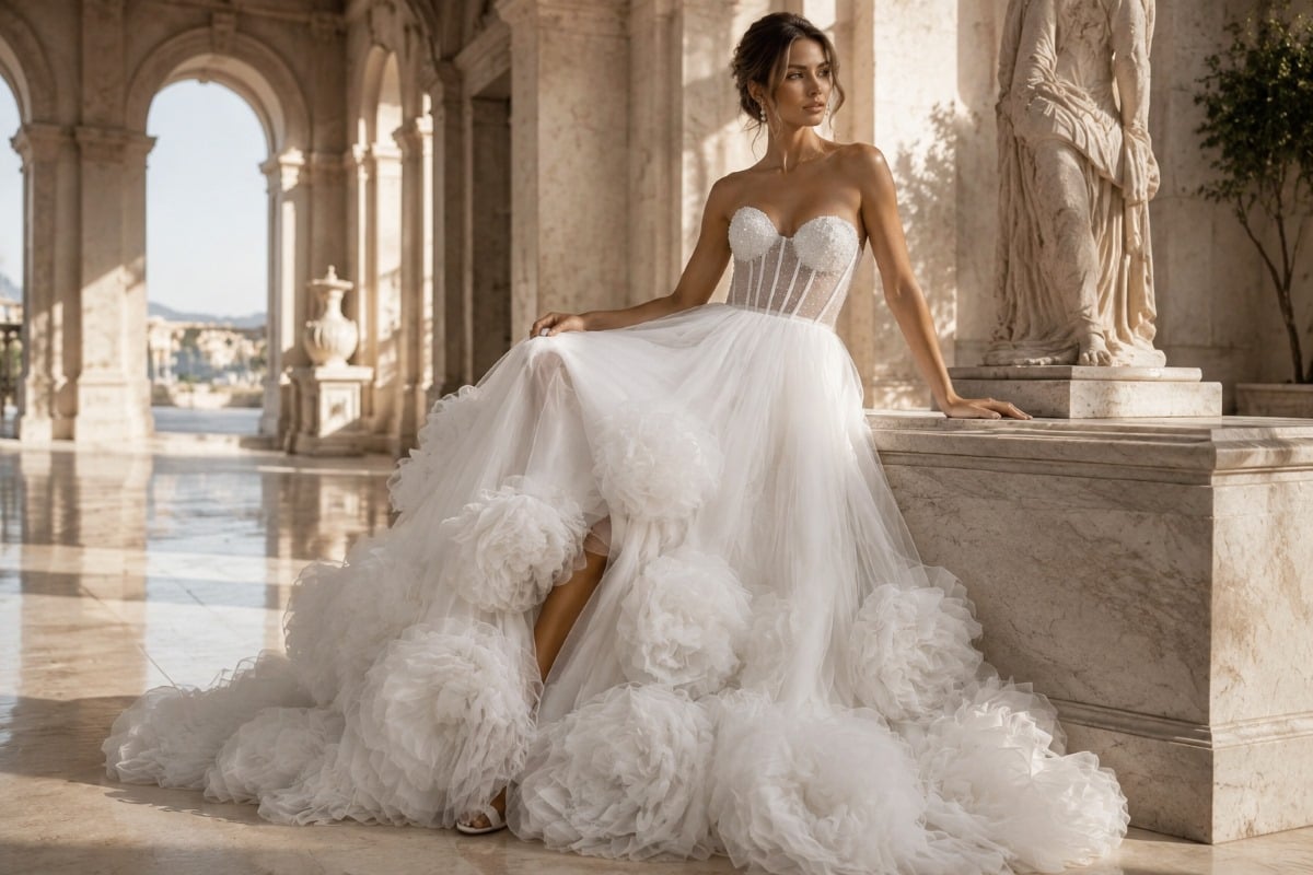 Voluminous bridal couture editorial portrait