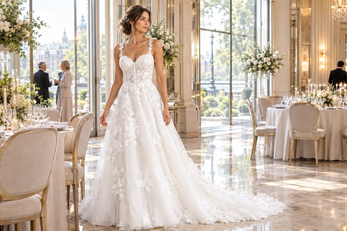 Bridal reception dress in elegant wedding venue