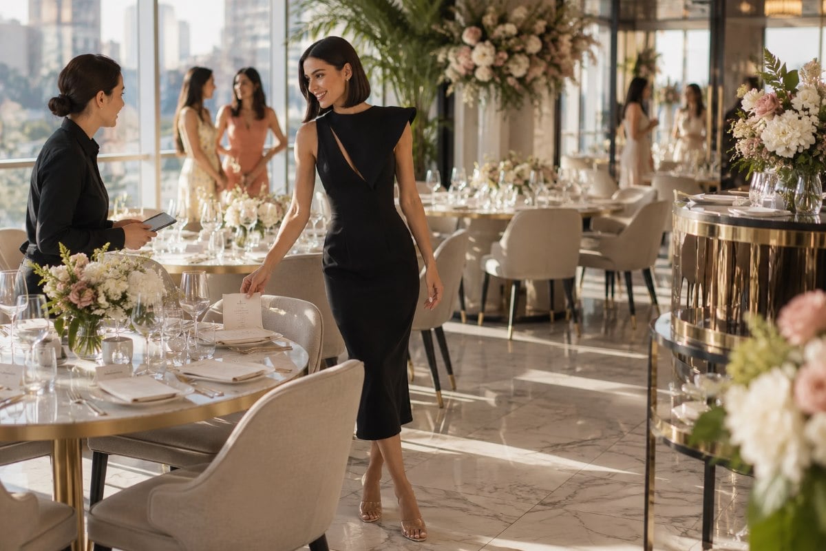Black midi hostess dress at bridal brunch