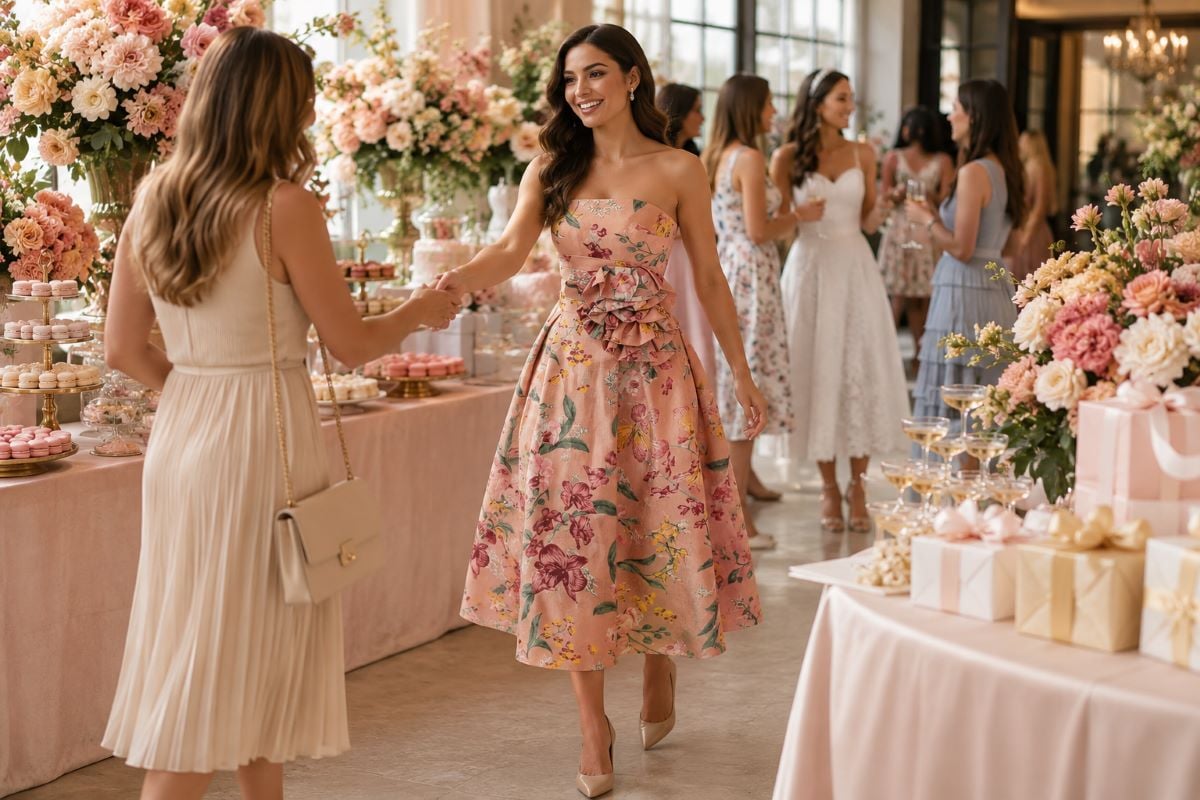 Bridal shower hostess welcoming guests in floral midi dress