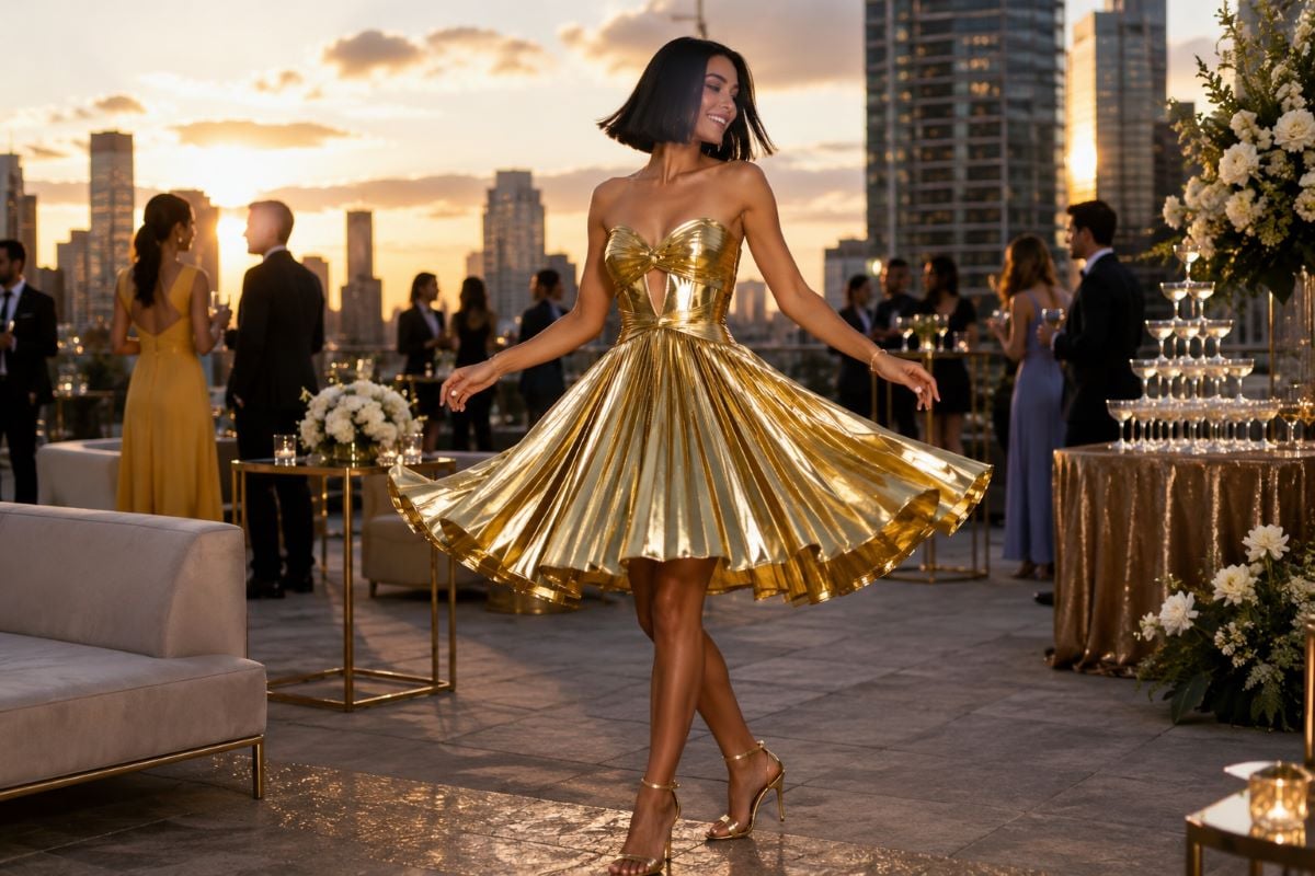 Bright gold metallic mini dress at rooftop wedding