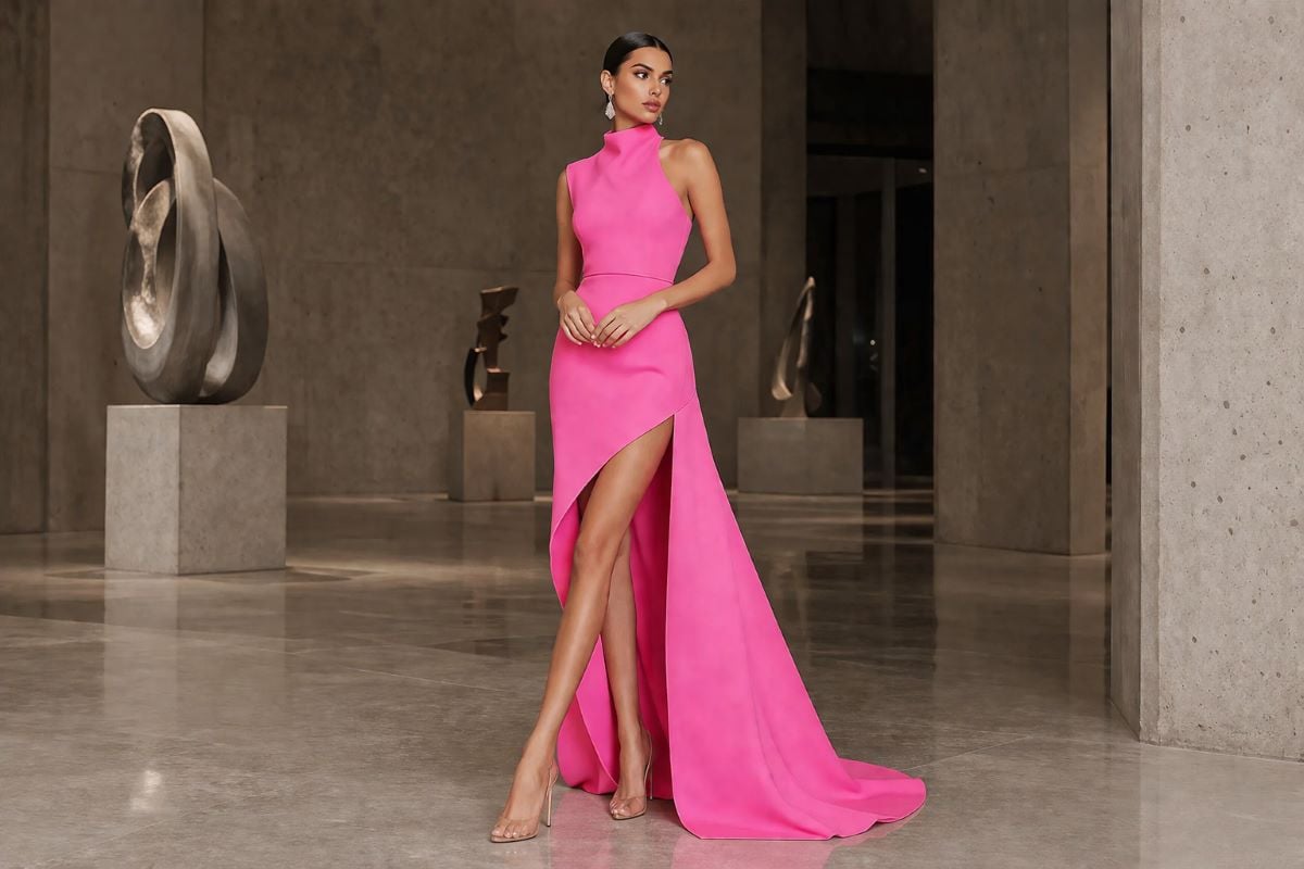 bright pink asymmetrical high-neck evening gown with high slit