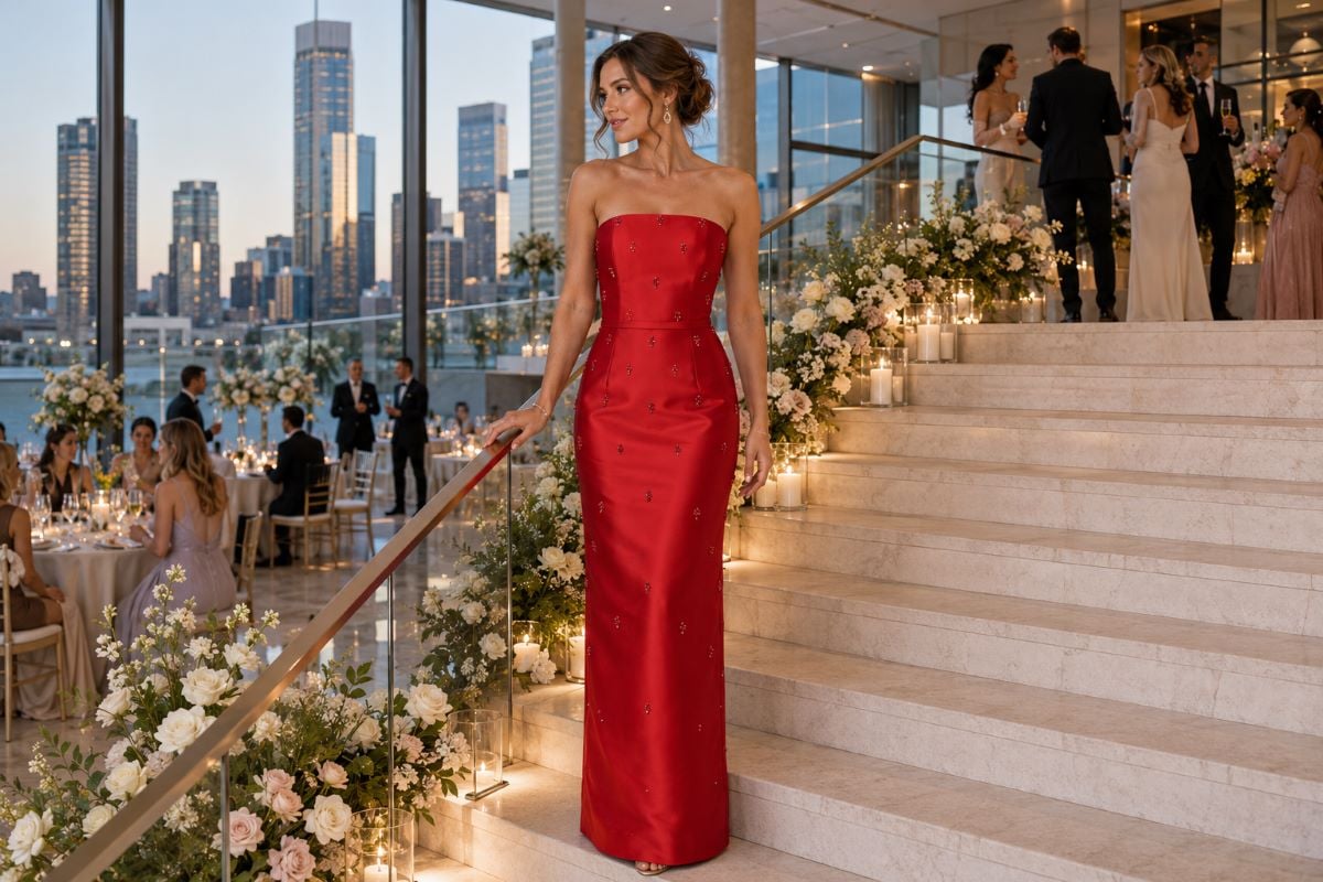 Bright red city wedding guest gown
