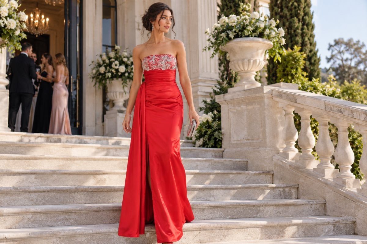 Bright red prom gown editorial look