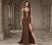 Brown fitted prom dress with deep V neckline and high slit