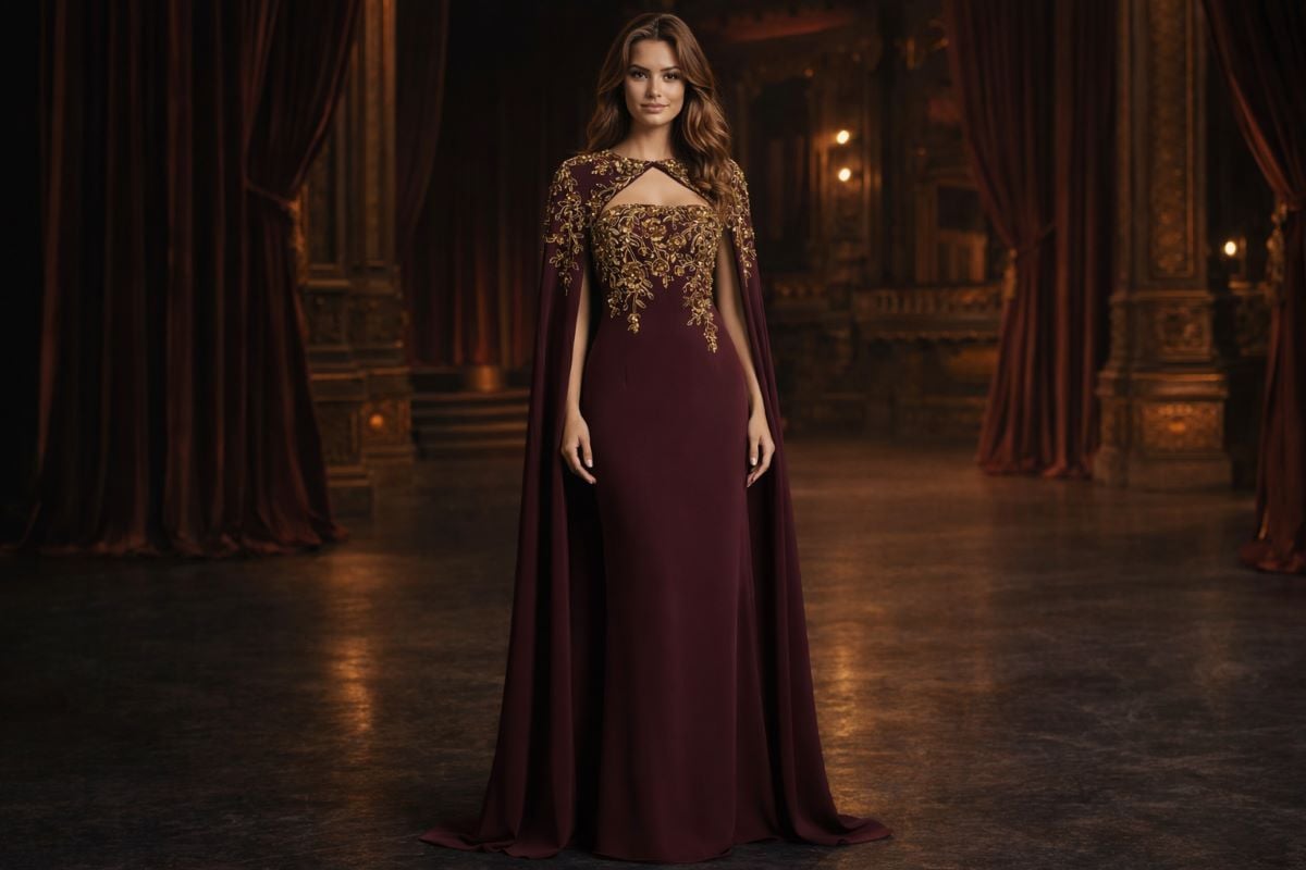 burgundy cape evening gown with gold embroidery