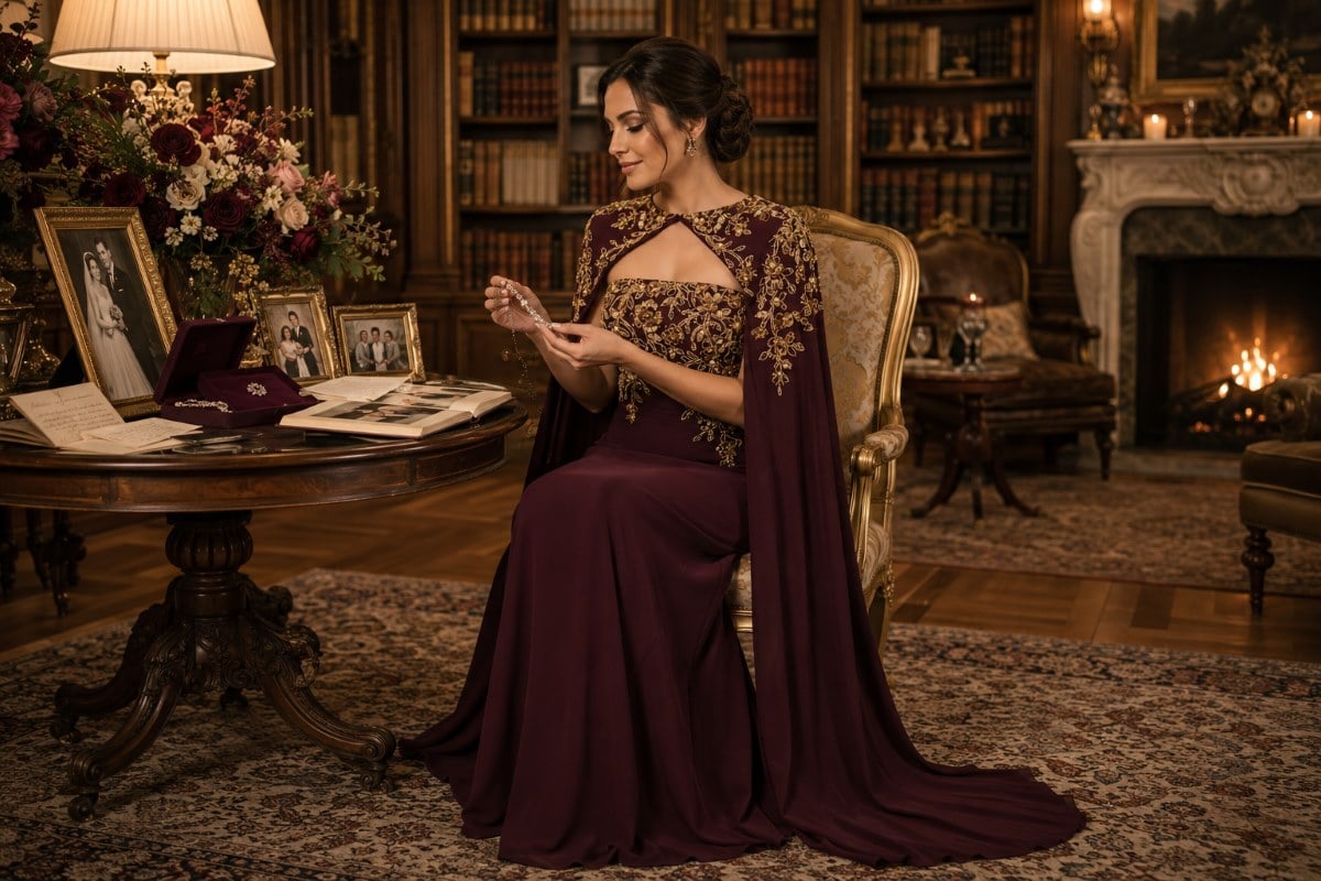 Burgundy cape gown with meaningful heirloom jewelry