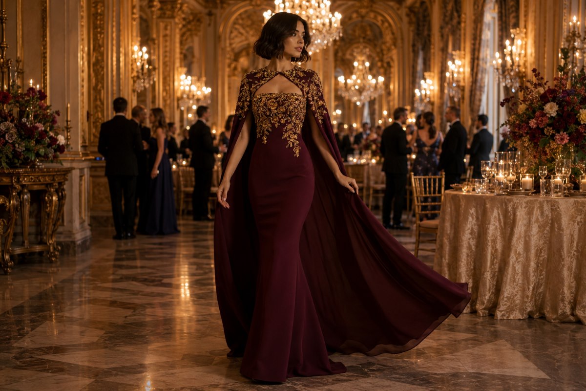 Elegant cape sleeve wedding guest gown