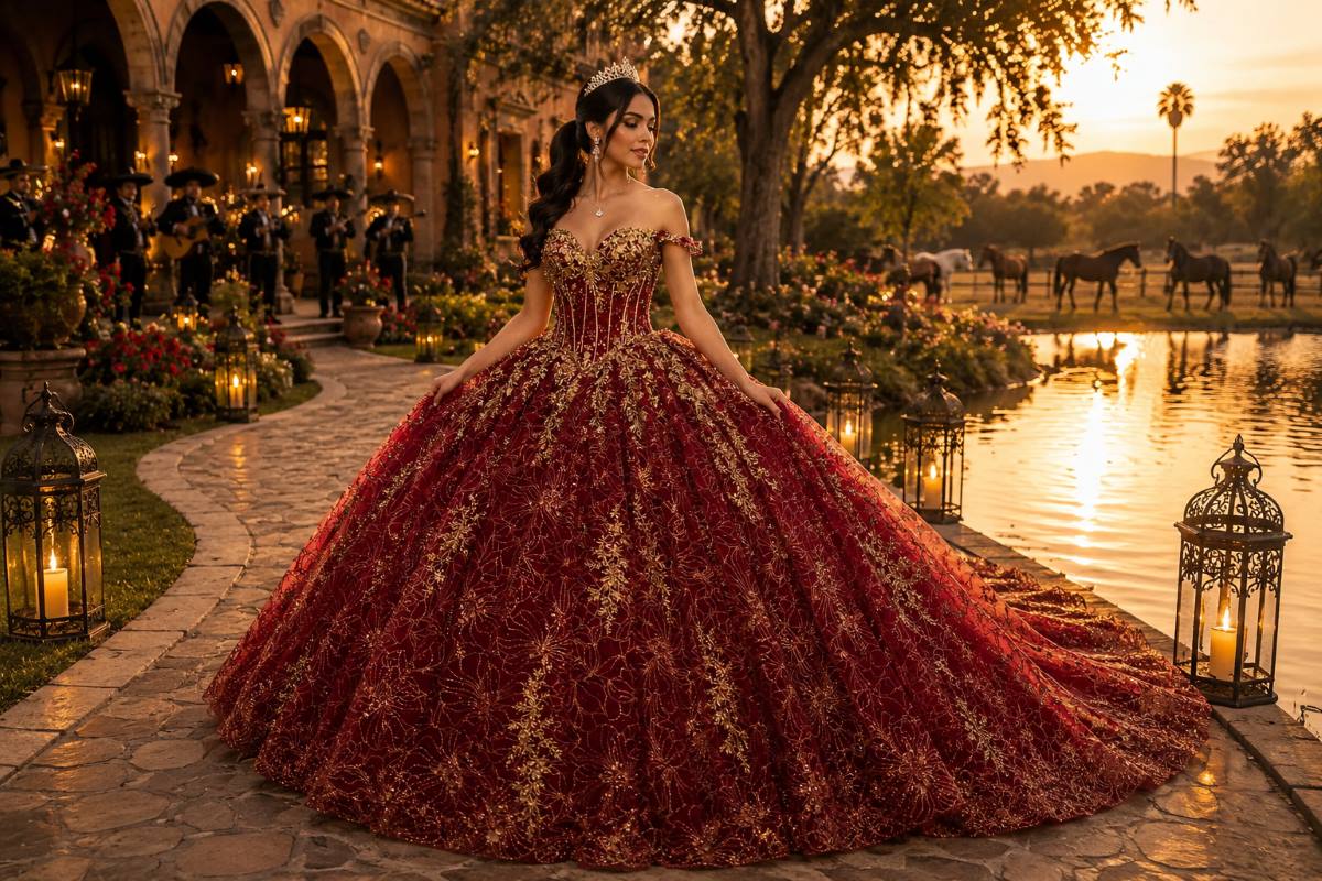 Burgundy charro quinceañera gown beside hacienda lake garden