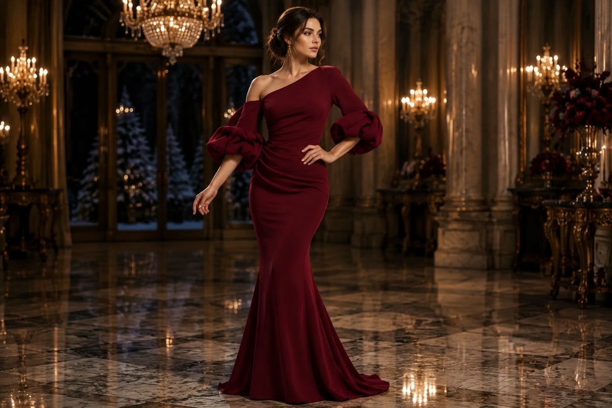 Burgundy off-shoulder mermaid evening gown