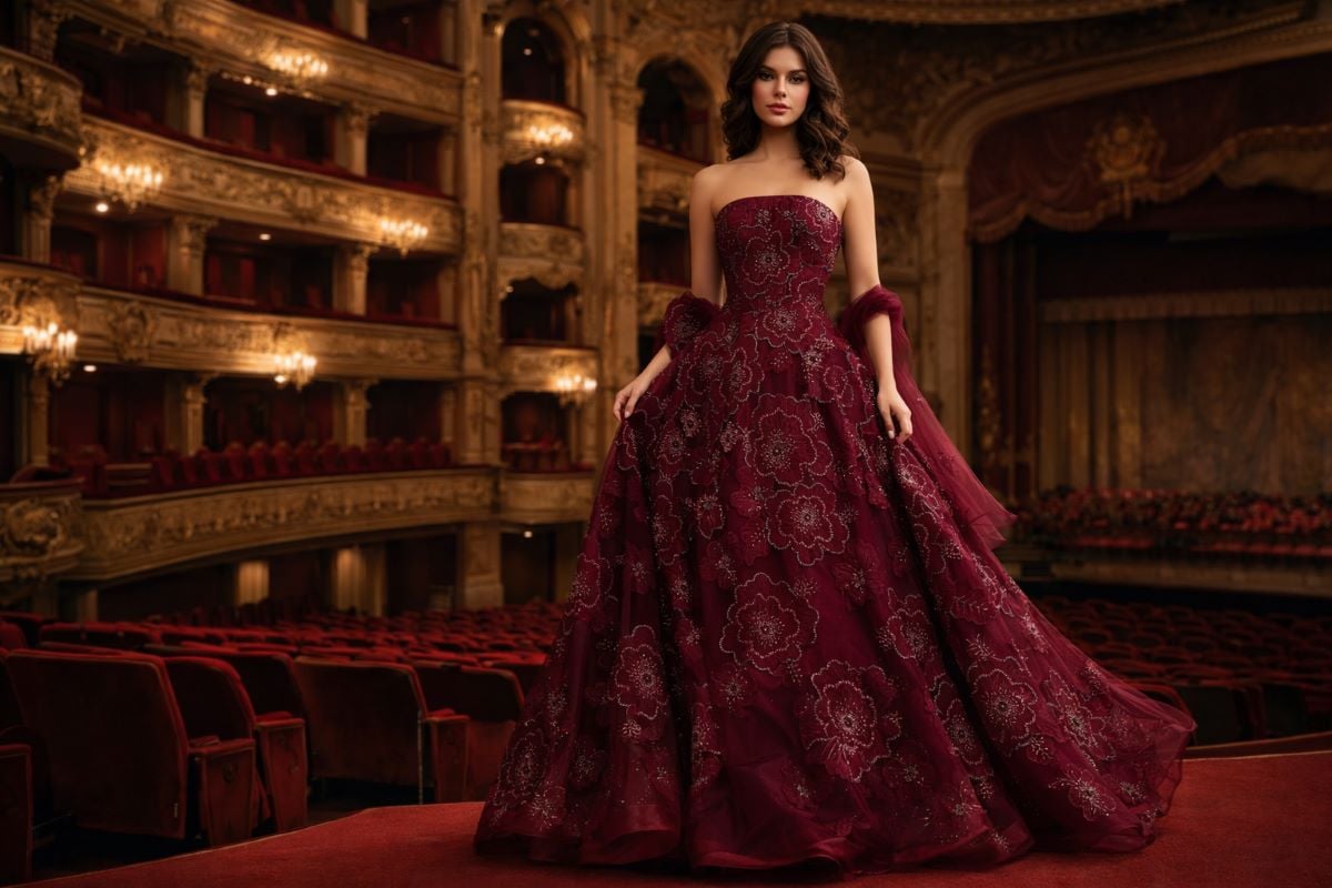 burgundy strapless floral ball gown with voluminous skirt
