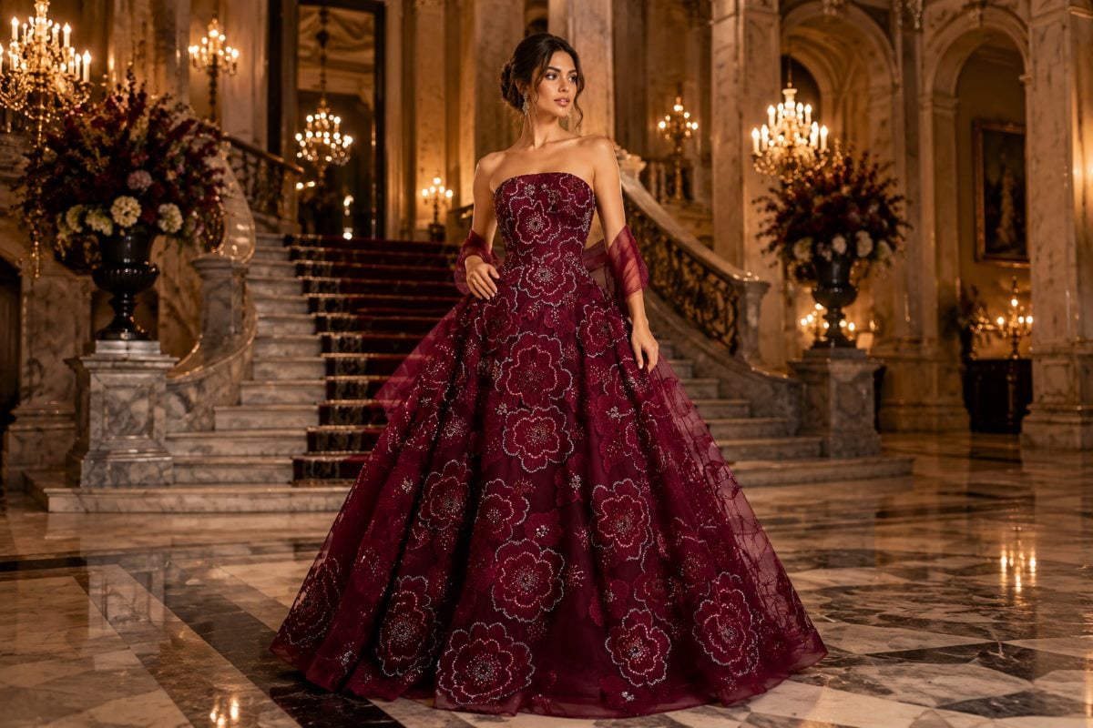 Burgundy floral embroidered gala gown entrance